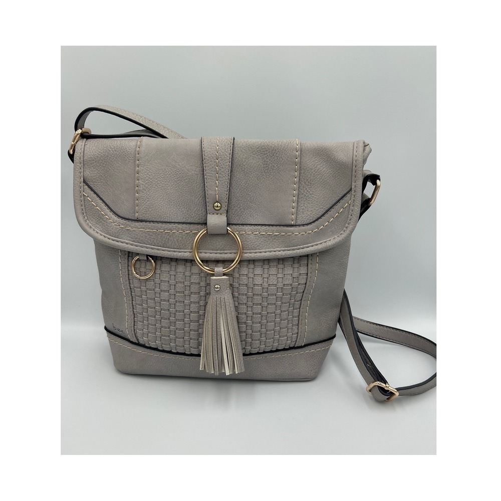 BOC Born Crossbody Bag Gray Faux Leather Woven‎ Tassel Buckle Flap